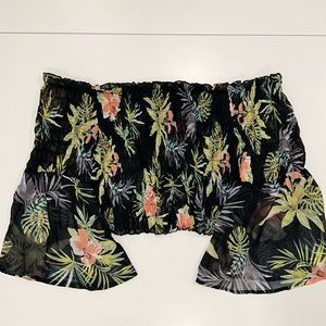 NWT black multicolor tropical leaves flutter sleeves off the shoulder crop top